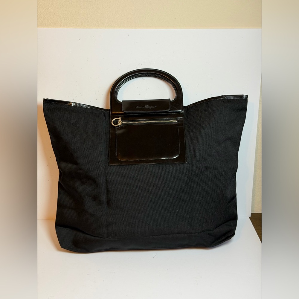 Salvatore Ferragamo Gancini Hand Bag in Black Nylon with Black Leather Trim